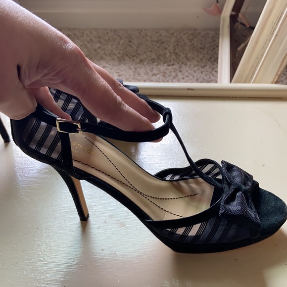 Black Suede Leather Mesh Bow Heels T-Strap Mary Janes Kate Spade 9 Open Toe - Picture 9 of 9